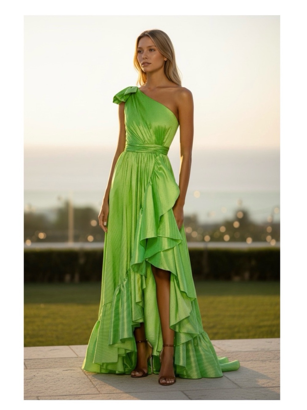 MAC DUGGAL Dress Size 4 Evening Gown NEW Green Bow One Shoulder Ruffle